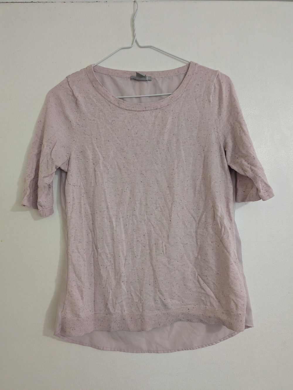 H&M Blush Pink Flecked Knit Mixed Media Top Chiffon Back High-Low Hem Small